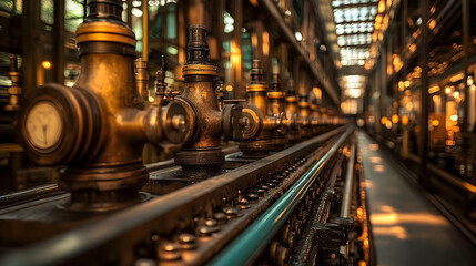 Fototapeta premium Vintage Industrial Machinery: Gears, Valves, Pipes, and Precision Engineering in a Factory Setting