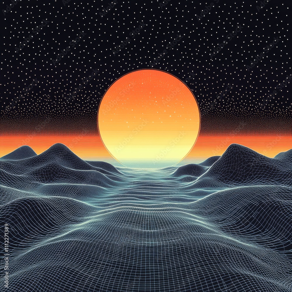 Poster abstract digital landscape with particles dots and stars on horizon. wireframe landscape background.