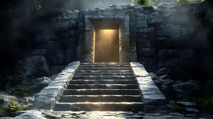 Ancient Stone Steps Lead to Glowing Doorway: Journey into Mystery