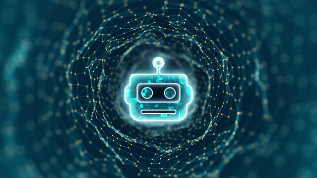 Motion graphic of Blue digital Robot head logo and tunnel line connection with artificial intelligence and robot assistant machine learning on abstract background