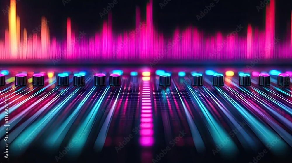 Poster colorful audio mixer control panel with waveform visualization, dark background.