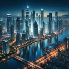 Fototapeta premium city skyline with a river and a city in the background.