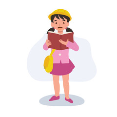 preschool girl reading book in school uniform learning education