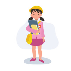 young girl in kindergarten uniform holding textbook for education