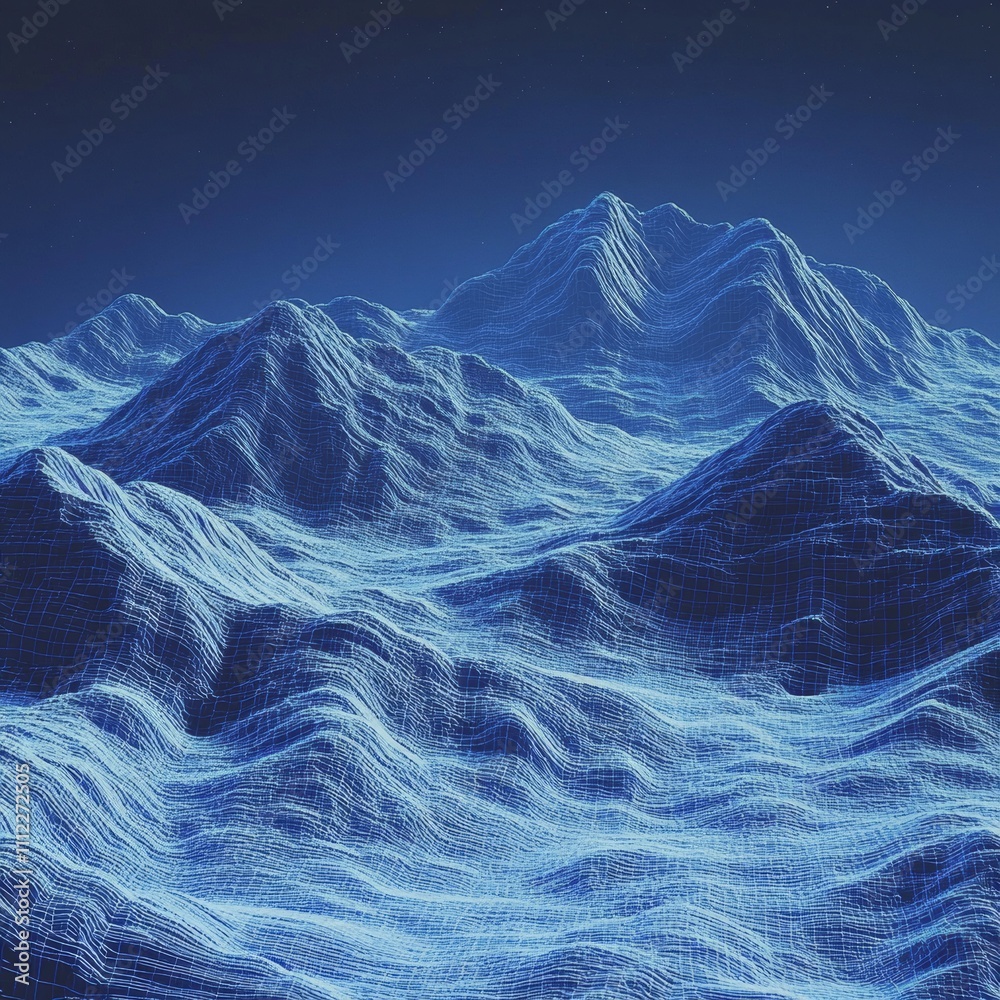 Poster Abstract mountains range mesh blue background. 3D terrain grid.