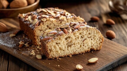 Delicious Almond Bread Sliced on Wooden Board with Almonds in Bowl and Nuts Scattered Around, Perfect for Baking Enthusiasts and Culinary Inspirations