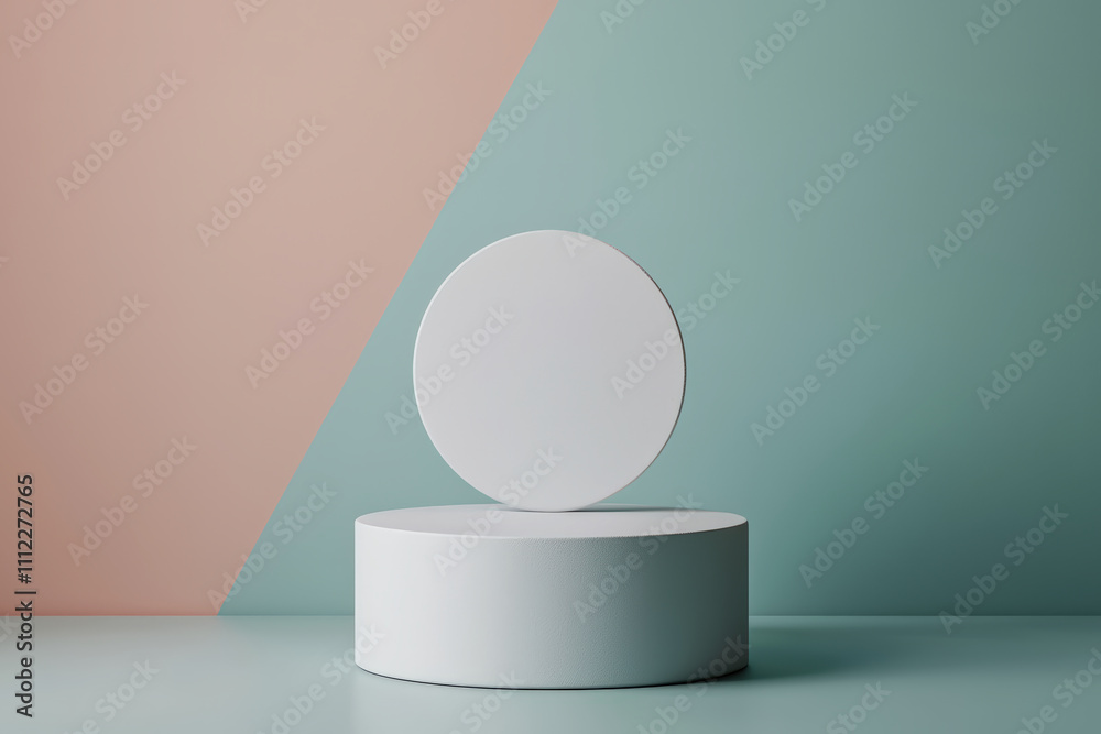 Poster white cylinder and circle creating empty space on pastel background