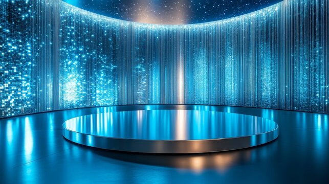 Futuristic Circular Platform with Blue Digital Background