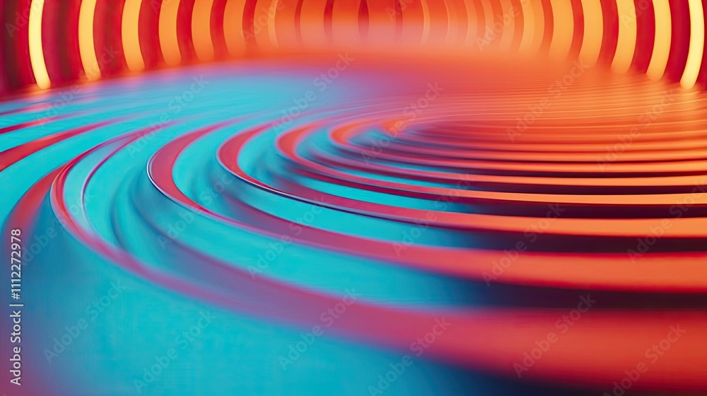 Poster colorful abstract waves with circular patterns in vibrant orange and blue tones.