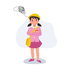angry kindergarten  girl in school uniform with crossed arms pouting and looking upset