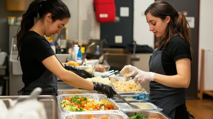 Two volunteers prepare meals together in a community kitchen using surplus food and fresh ingredients for those in need