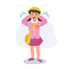 upset child crying. kindergarten girl in Japanese uniform experiencing school anxiety and tears.