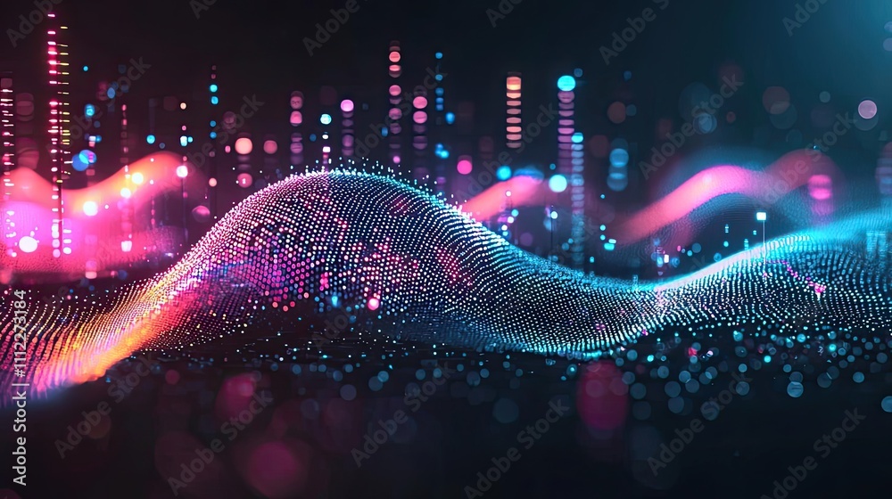 Poster abstract wave pattern with colorful lights on a dark background, artistic digital design.