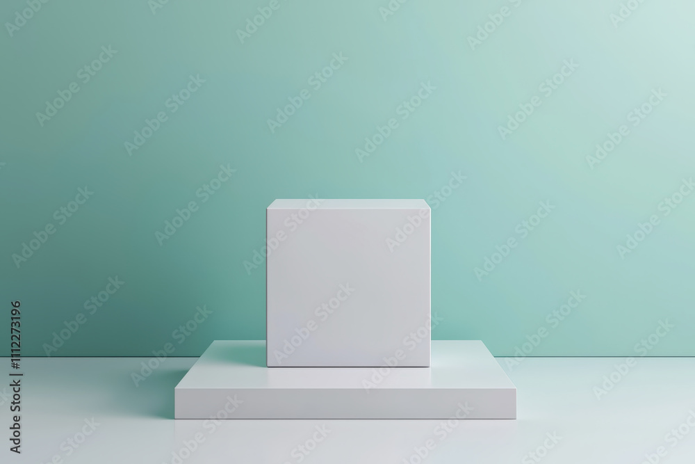 Poster White cube standing on a pedestal in minimalist studio setting