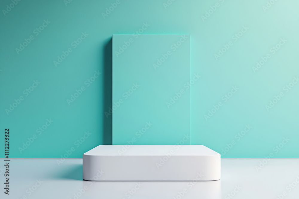 Poster White rectangular podium on glossy floor with teal backdrop for product presentation