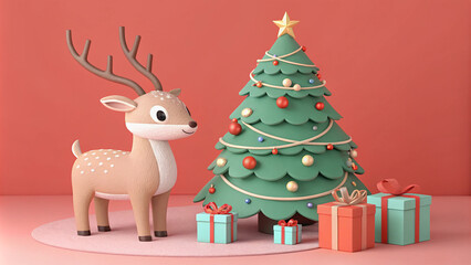 3d illustration of a christmas reindeer with gift boxes and tree on red background