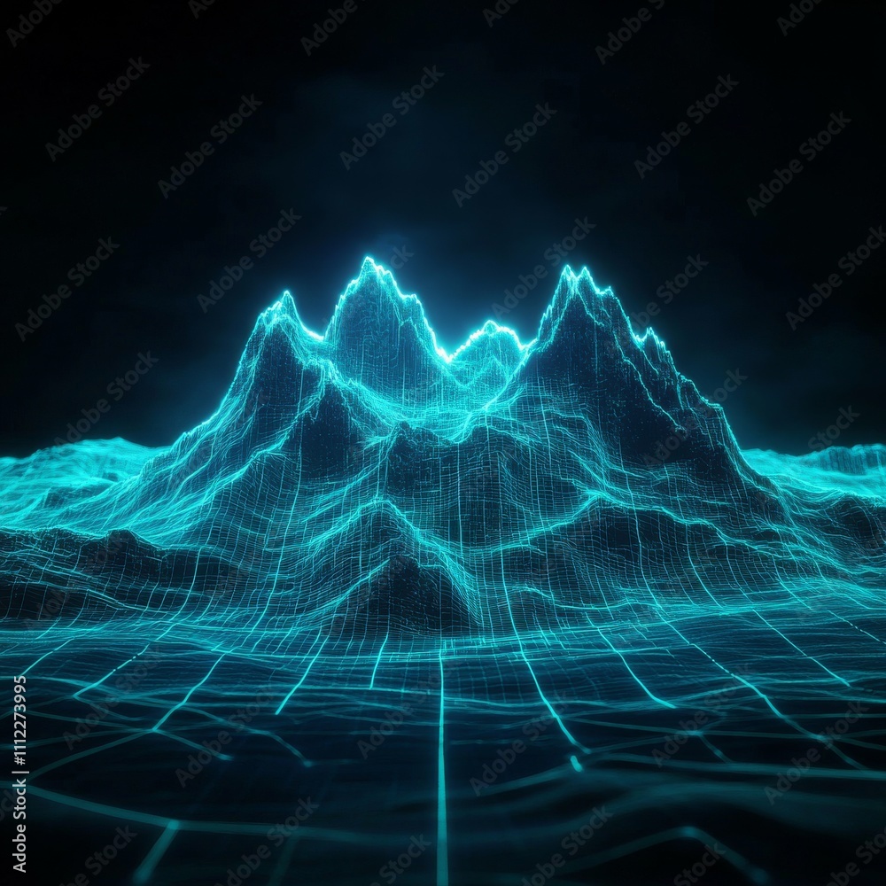 Aufkleber 3d wireframe mountain map with tech grid vector. Abstract topography landscape with neon frame and eclipse glow concept. Geometric and futuristic cyber mesh design. Hud terrain illustration