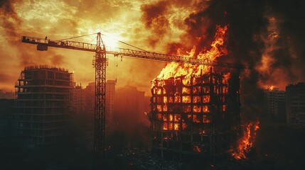 Building engulfed in flames during a catastrophic fire