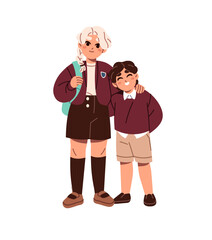 Happy siblings in school uniform cuddle. Older sister and younger brother smile, stand together. Cute children, kids, friends posing, laughing. Flat isolated vector illustration on white background
