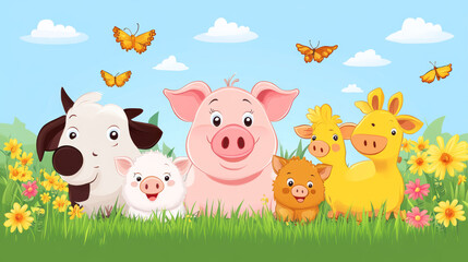 Cartoon Farm Animals in a Colorful Floral Field