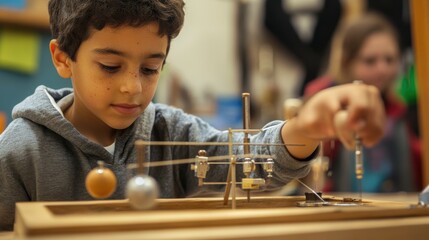 Young boy engaging with educational science model, exploring gravity concepts with pendulums and spheres in a classroom setting with peers in background.