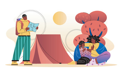 Family on autumn camping. Man with map and woman with child sit near tent. Hiking and camping, active lifestyle. Travel and tourism. Flat vector illustration