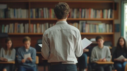 Young Male Student Standing in Front of Classroom Delivering Presentation to Engaged Classmates with Focused Expressions in Modern Educational Setting
