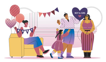 Baby shower party. Man and woman dance with kids. Expectant mother. Boy or girl reveal. Celebration and festival, event. Flat vector illustration