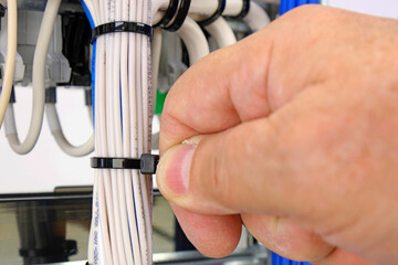 Installation of a plastic ties on electrical insulated mounting wires. Close-up. Soft focus.