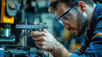 An engineer using a digital caliper to take precise measurements of a mechanical part, demonstrating attention to detail and accuracy