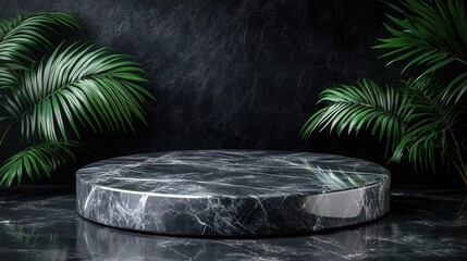 A sleek, round marble platform is surrounded by lush green palm leaves against a dark background, creating an elegant and modern aesthetic.