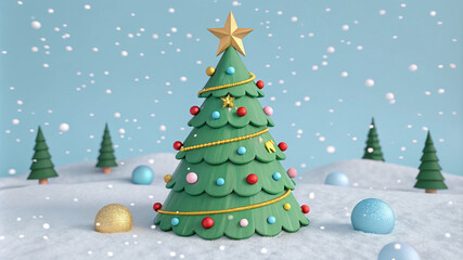 3d christmas tree with balls and snowflakes on a snowy landscape