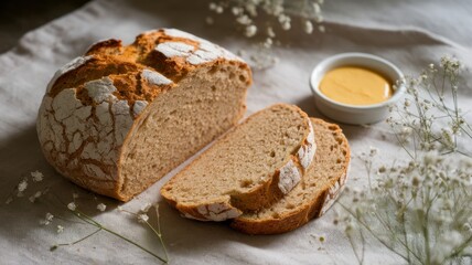 Sliced Irish soda bread with butter