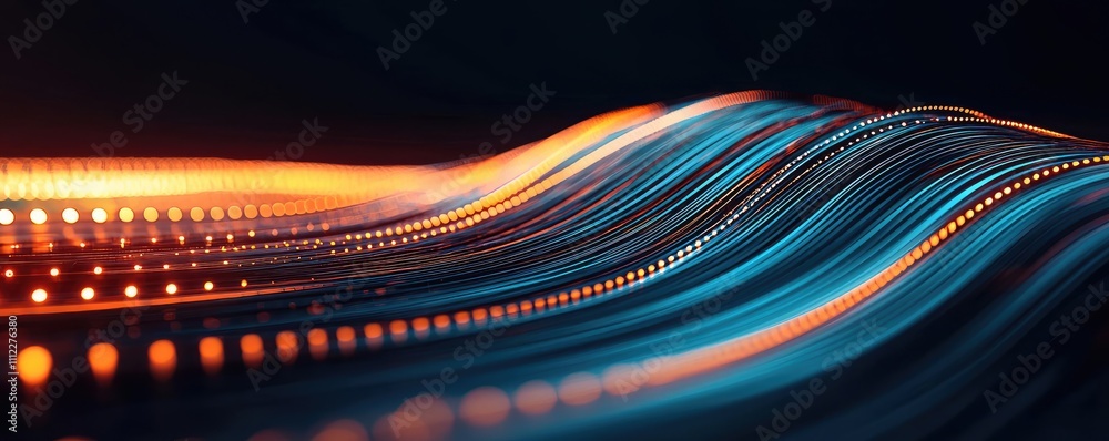Poster abstract wave patterns with glowing lights in blue and orange tones.