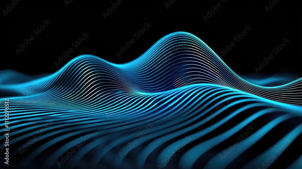 Poster abstract wave pattern with blue lines on black background.