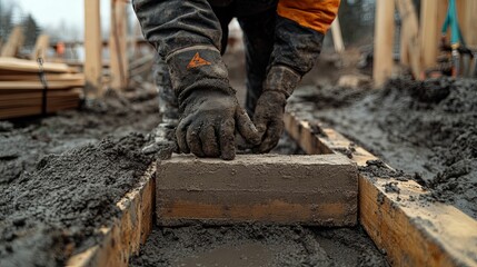 Worker placing a concrete block during construction