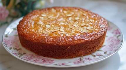 Deliciously Moist Almond Cake on a Floral Plate with Glazed Top and Crunchy Almond Slices, Perfect for Celebrations or Afternoon Desserts