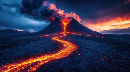 Volcano erupting with lava flow against a dramatic sunset sky.