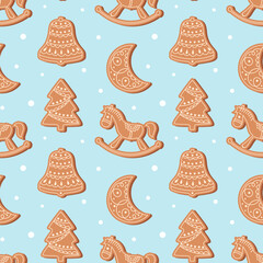 Seamless Christmas pattern with different cute gingerbread cookies. Christmas and New Year background. Holiday design