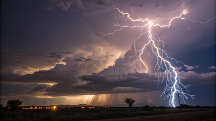 Electric lightning in dark sky, dynamic energy and power symbol.