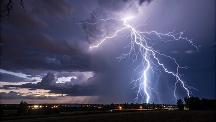 Electric lightning in dark sky, dynamic energy and power symbol.