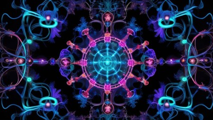 A mesmerizing abstract fractal design featuring vibrant neon colors and intricate patterns