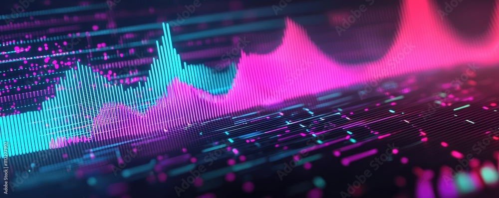 Poster abstract digital sound wave with vibrant colors over dark background.