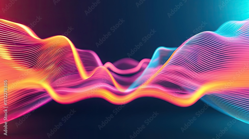 Poster colorful wave patterns with glowing lines on a dark background, abstract design.
