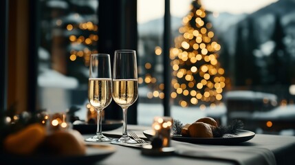 Two champagne glasses on an elegant restaurant table with candles and pastries, overlooking a festive Christmas tree with warm lights, creating a cozy winter atmosphere.