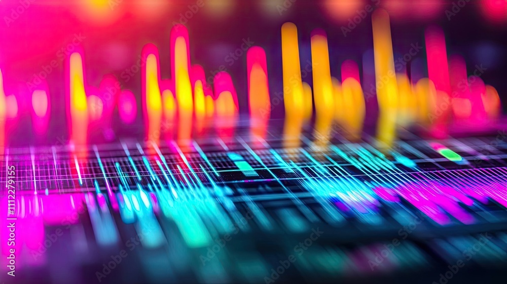 Poster abstract sound waves in vibrant colors on digital screen.