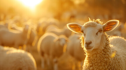 Obraz premium Peaceful flock of farm sheep grazing at sunset in a serene countryside landscape