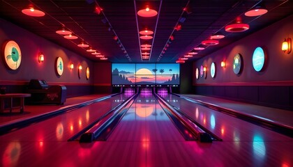 A retro-style bowling alley with colorful lighting, vintage decor, and bowling lanes