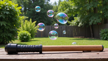 Bubble wand resting on a wooden table with colorful bubbles floating in a backyard
