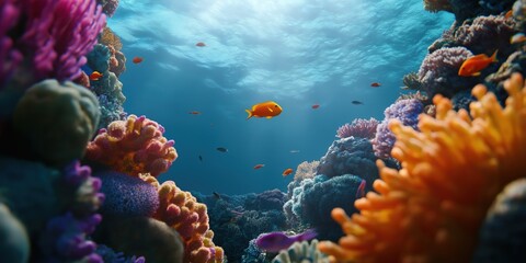 Obraz premium A wide shot of a vibrant coral reef teeming with marine life
